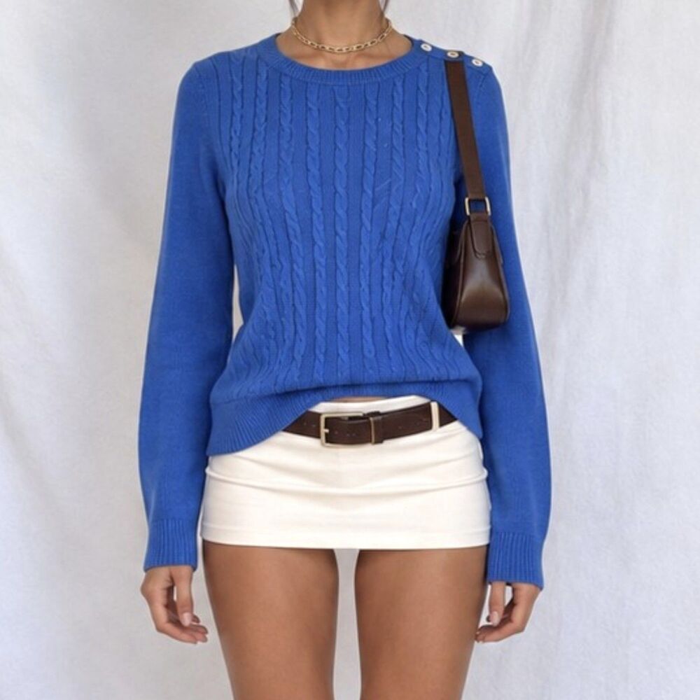 Vintage Y2K 90s Blue Crewneck Cable Medium Knit Casual Sweater Top Size S/M
